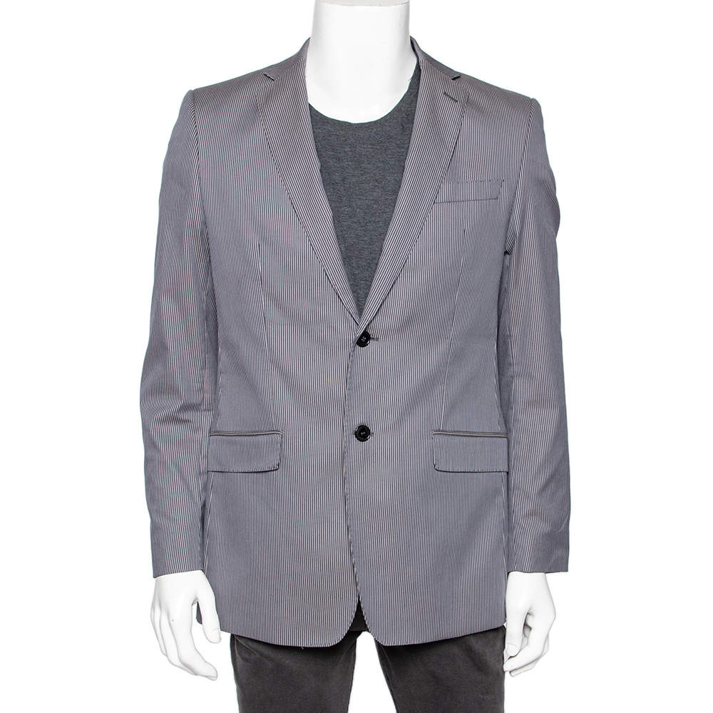 Pre Owned Versace Collection Grey Striped Cotton Single Breasted Blazer L