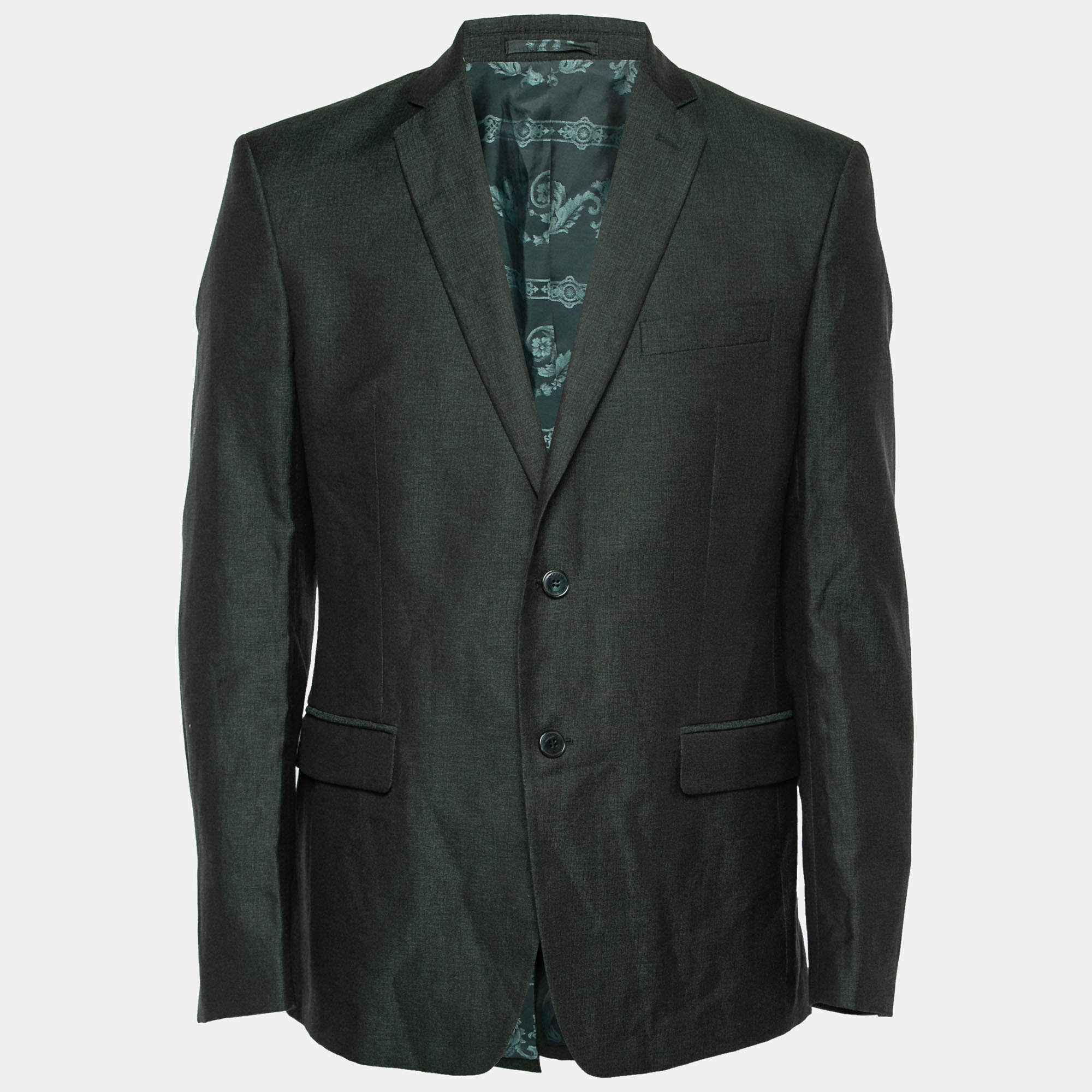 Versace Collection Dark Green Wool & Linen Single-Breasted Blazer L
