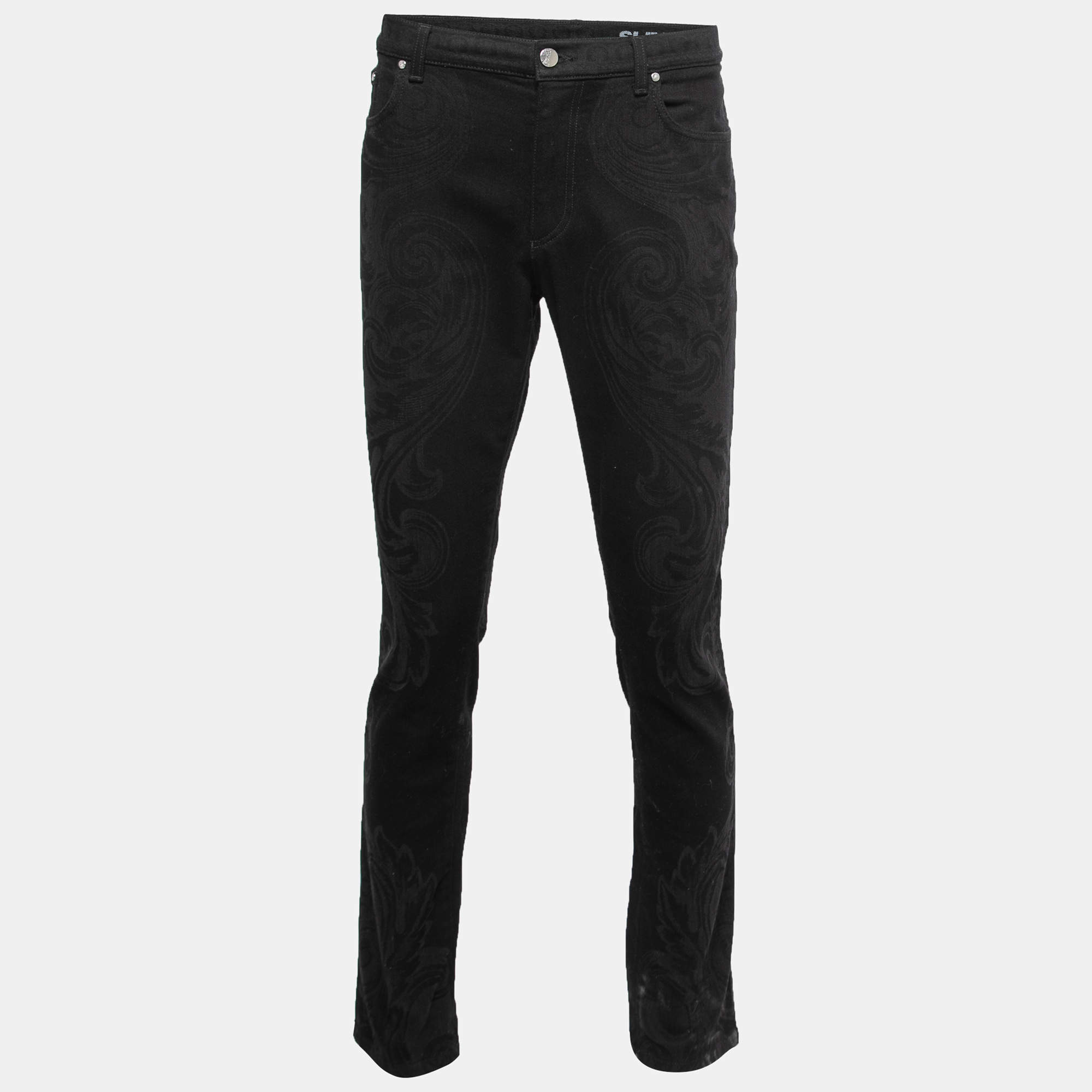 Pre Owned Versace Collection Black Baroque Print Denim Slim Jeans XL Waist 36"