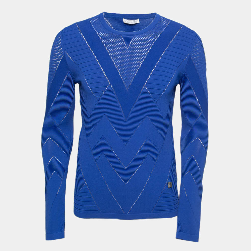 Versace Collection Blue Zig Zag Patterned Knit Pullover S