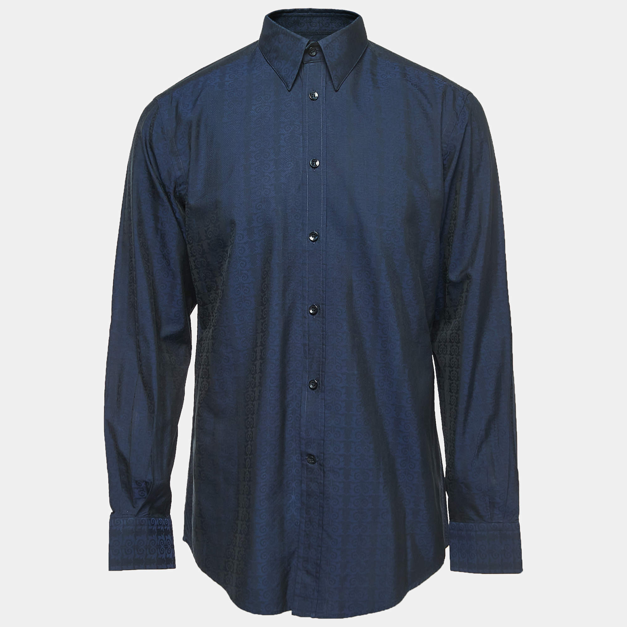 Versace Collection Navy Blue Patterned Cotton Blend Full Sleeve Shirt XL