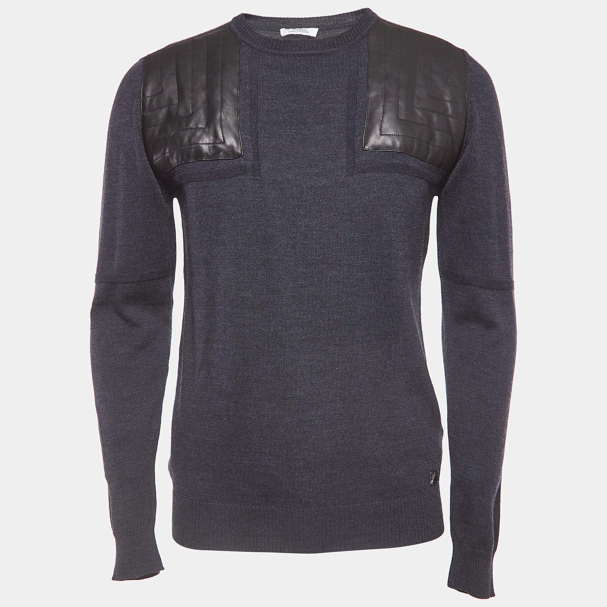 Versace Collection Navy Blue Wool Leather Trimmed Jumper L