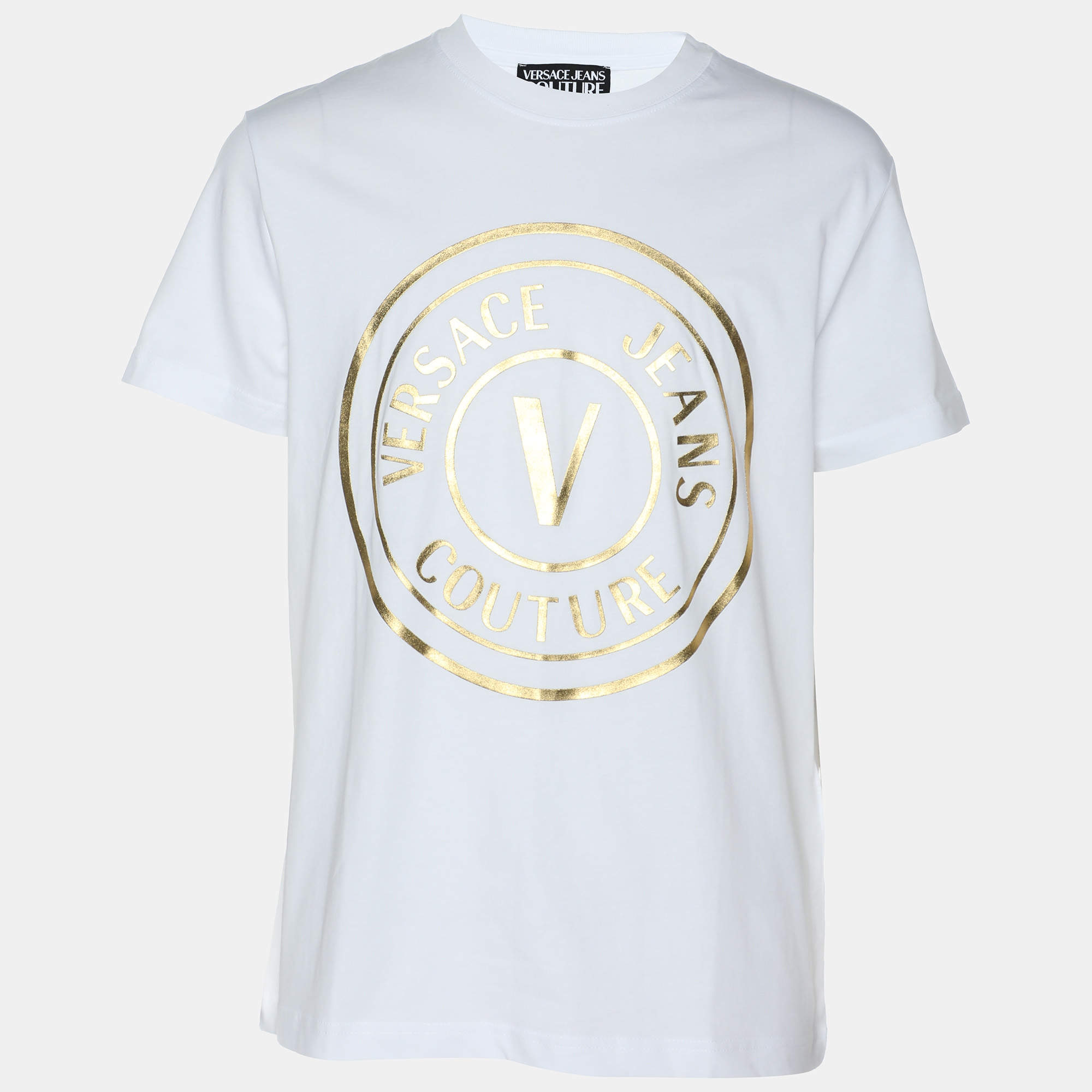Pre Owned Versace Jeans Couture White/Gold Jersey Logo Print T-Shirt L