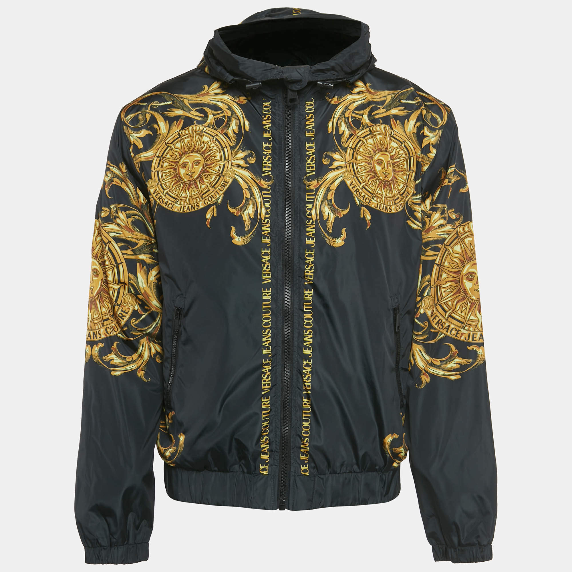 Pre Owned Versace Jeans Couture Black Sun Baroque Print Synthetic Zip-Up Hooded Jacket S