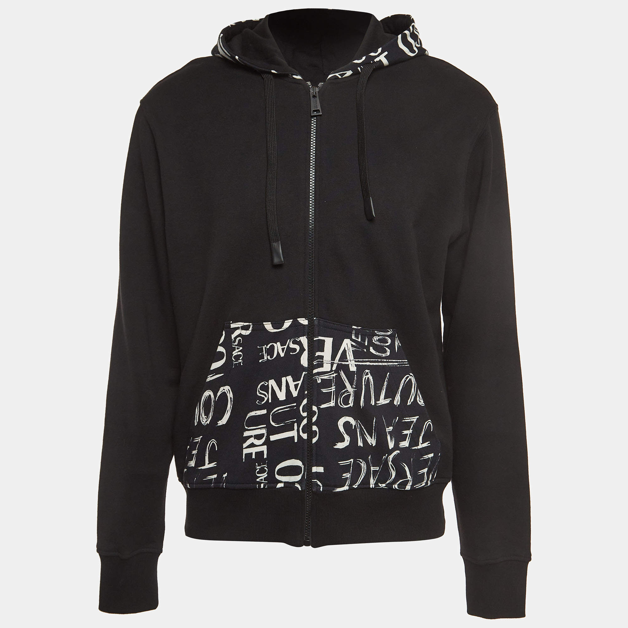 Pre Owned Versace Jeans Couture Black Logo Print Cotton Knit Hooded Sweatshirt L