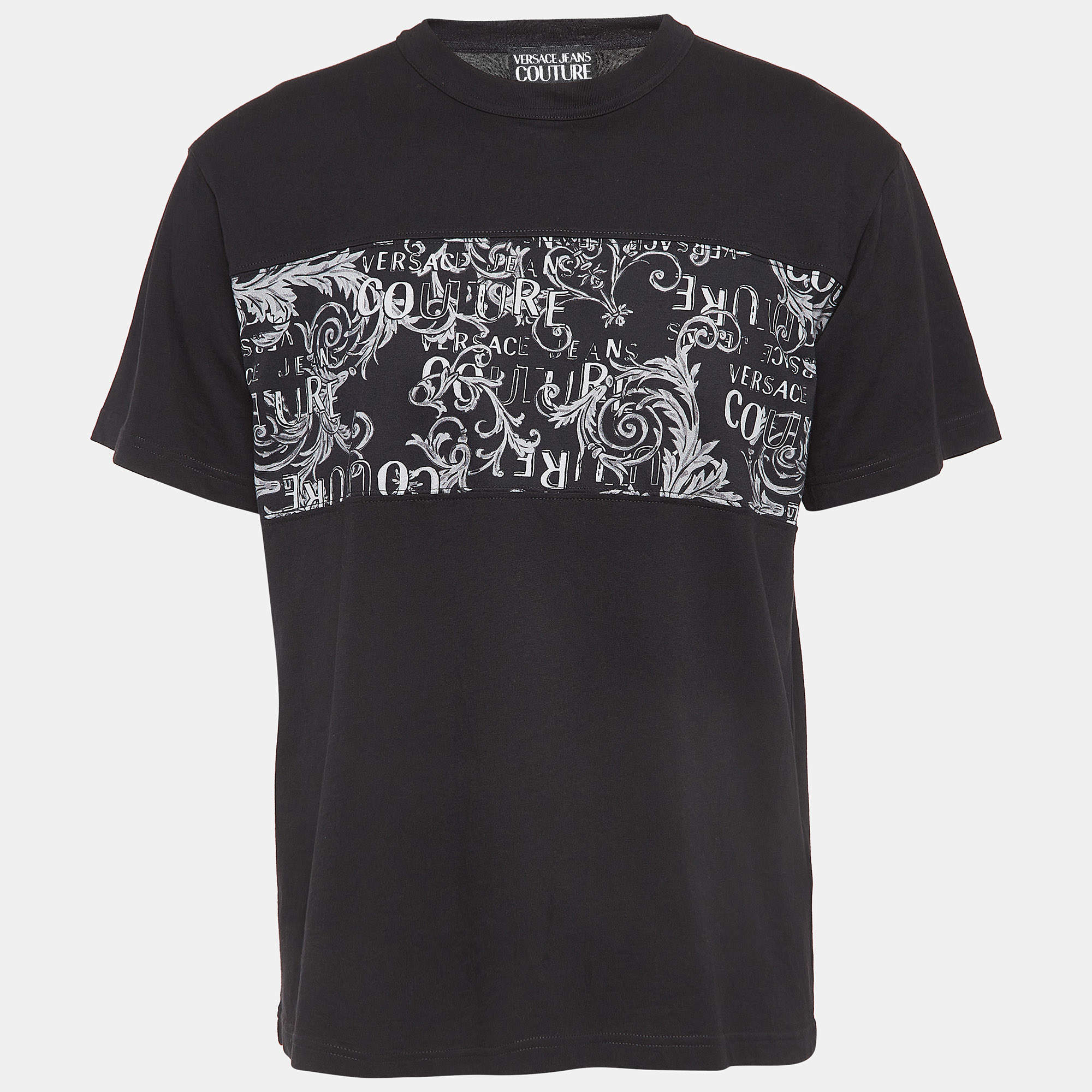 Versace Jeans Couture Black Printed Cotton Crew Neck T-Shirt