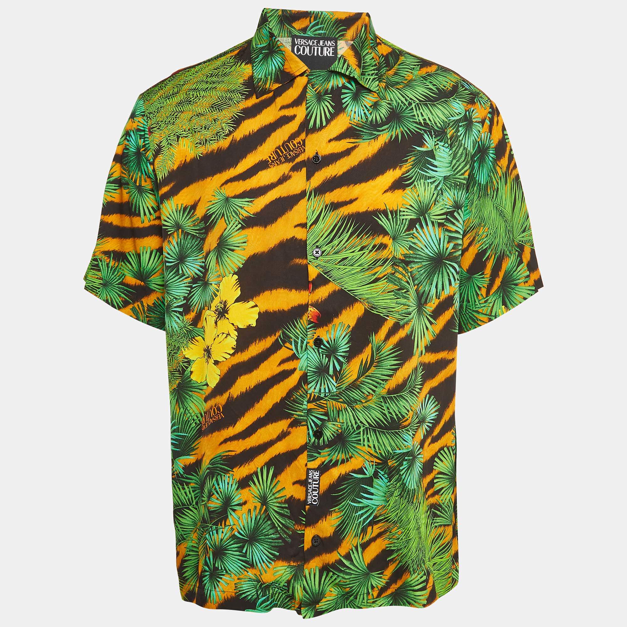 Versace Jeans Couture Green Jungle Print Crepe Short Sleeve Shirt