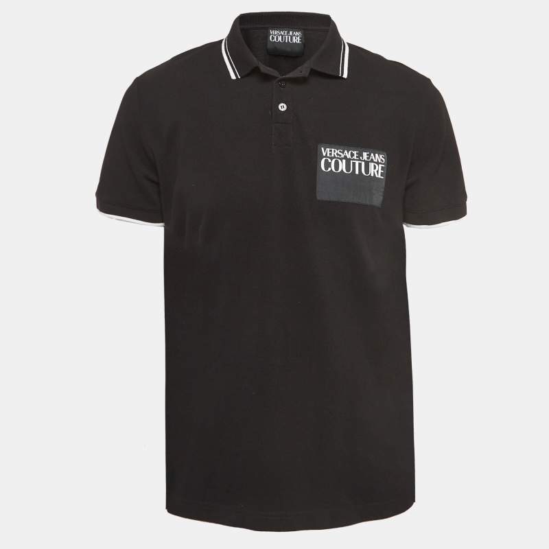 Tシャツ・カットソー VERSACE JEANS Printed piquet polo shirt Logo Polo Shirt Black,Print | VERSACE US