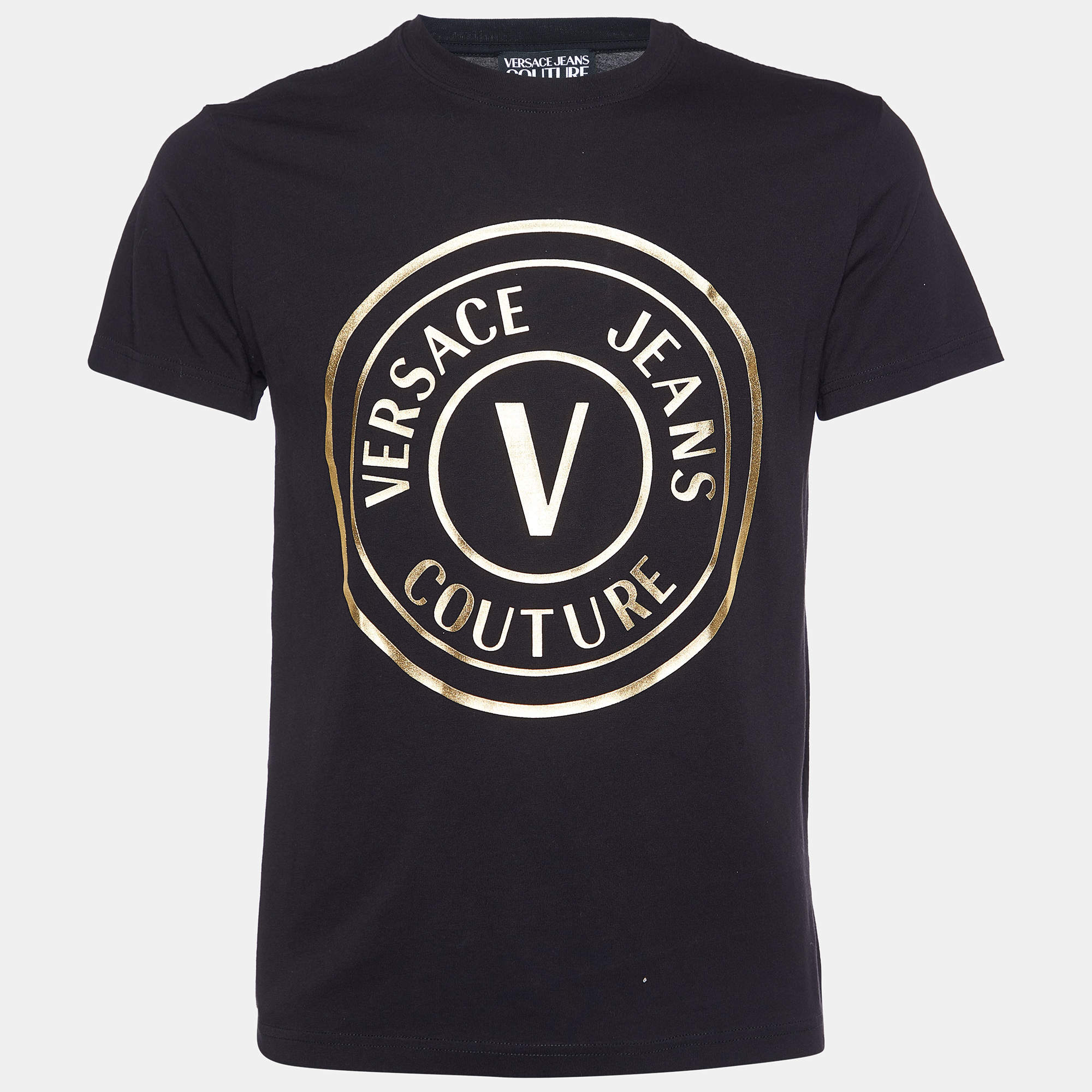 Pre Owned Versace Jeans Couture Black Logo Print Cotton Crew Neck T-Shirt M