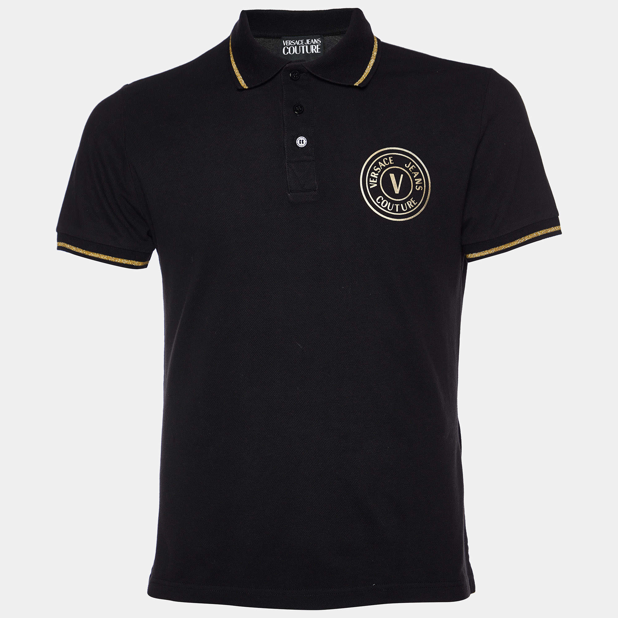 Pre Owned Versace Jeans Couture Black Logo Print Cotton Polo T-Shirt M