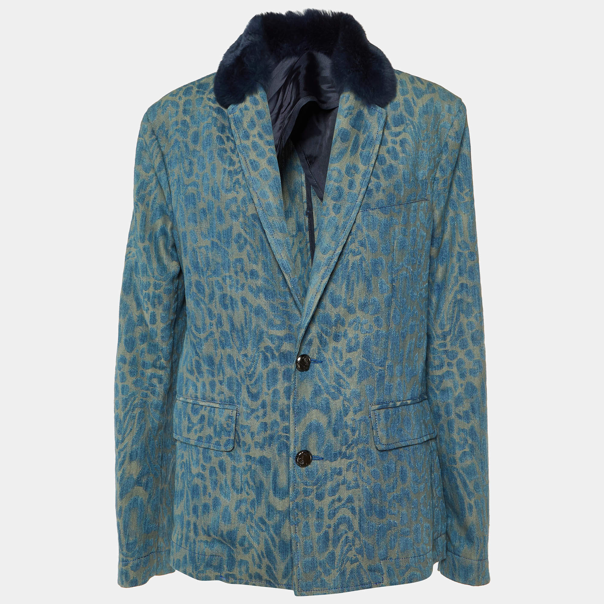 Versace Jeans Blue Leopard Pattern Denim Fur Trim Jacket M