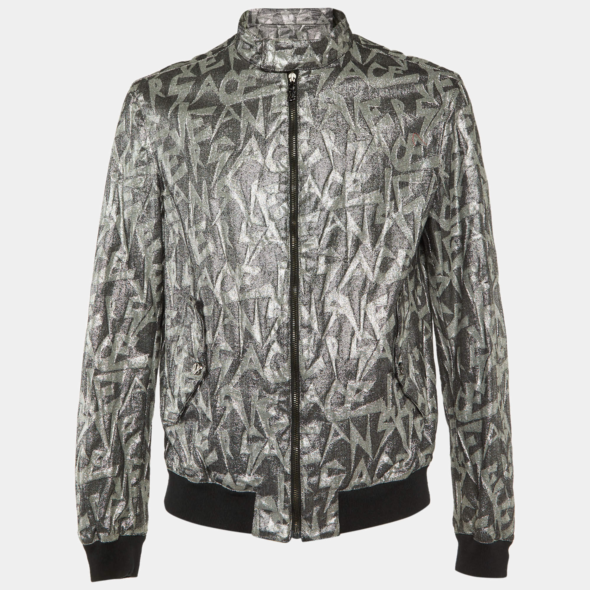 Versace Jeans Silver Metallic Jacquard Bomber Jacket L