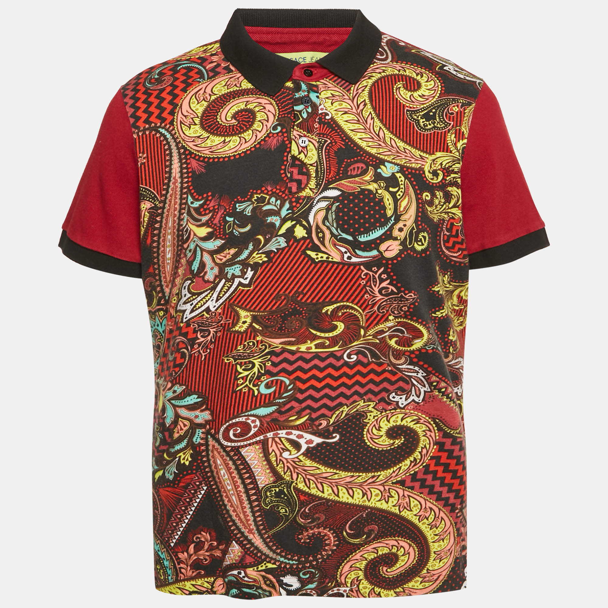 Pre Owned Versace Jeans Red/Multicolor Printed Cotton Pique Polo T-Shirt 