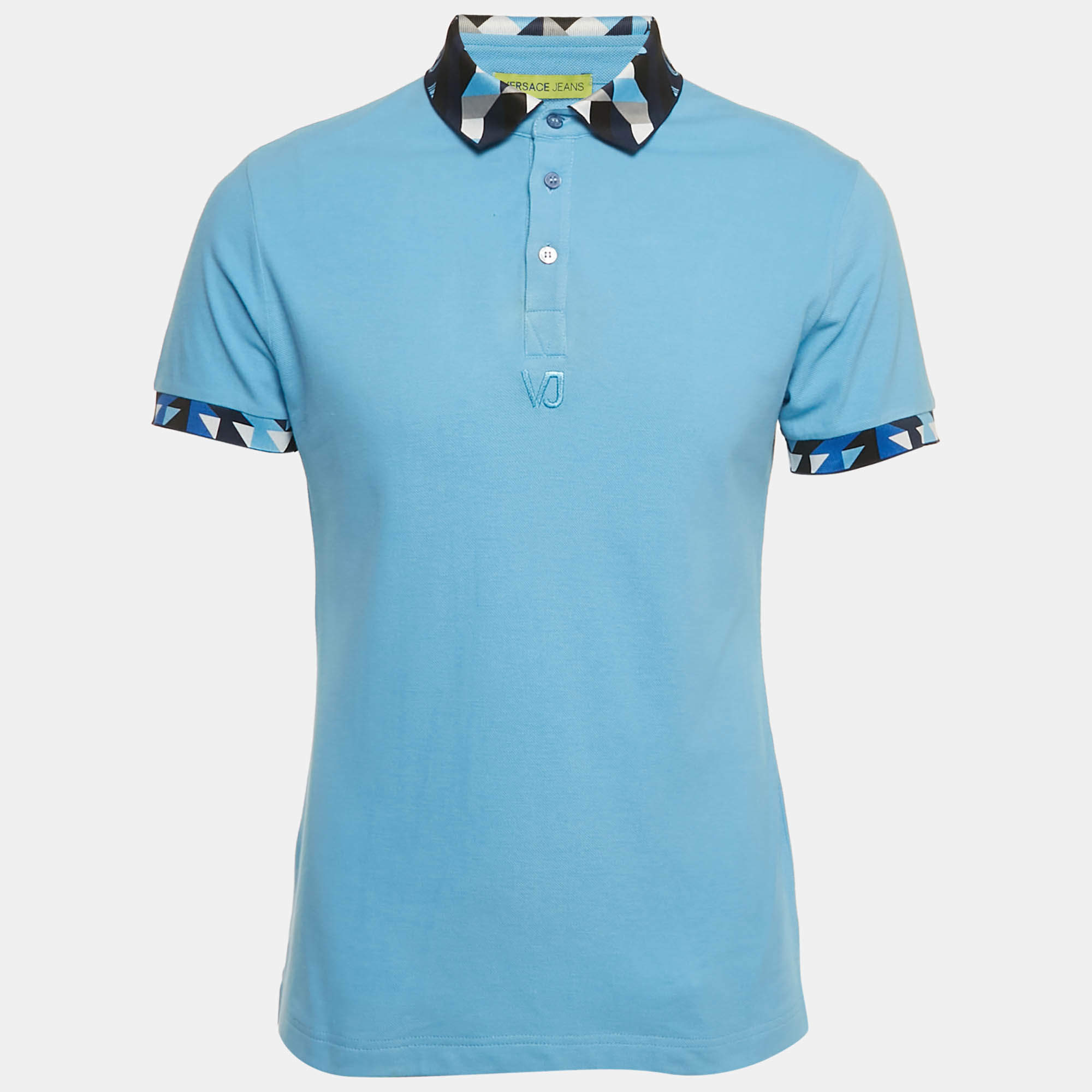 Pre Owned Versace Jeans Blue Printed Collar Cotton Polo T-Shirt M