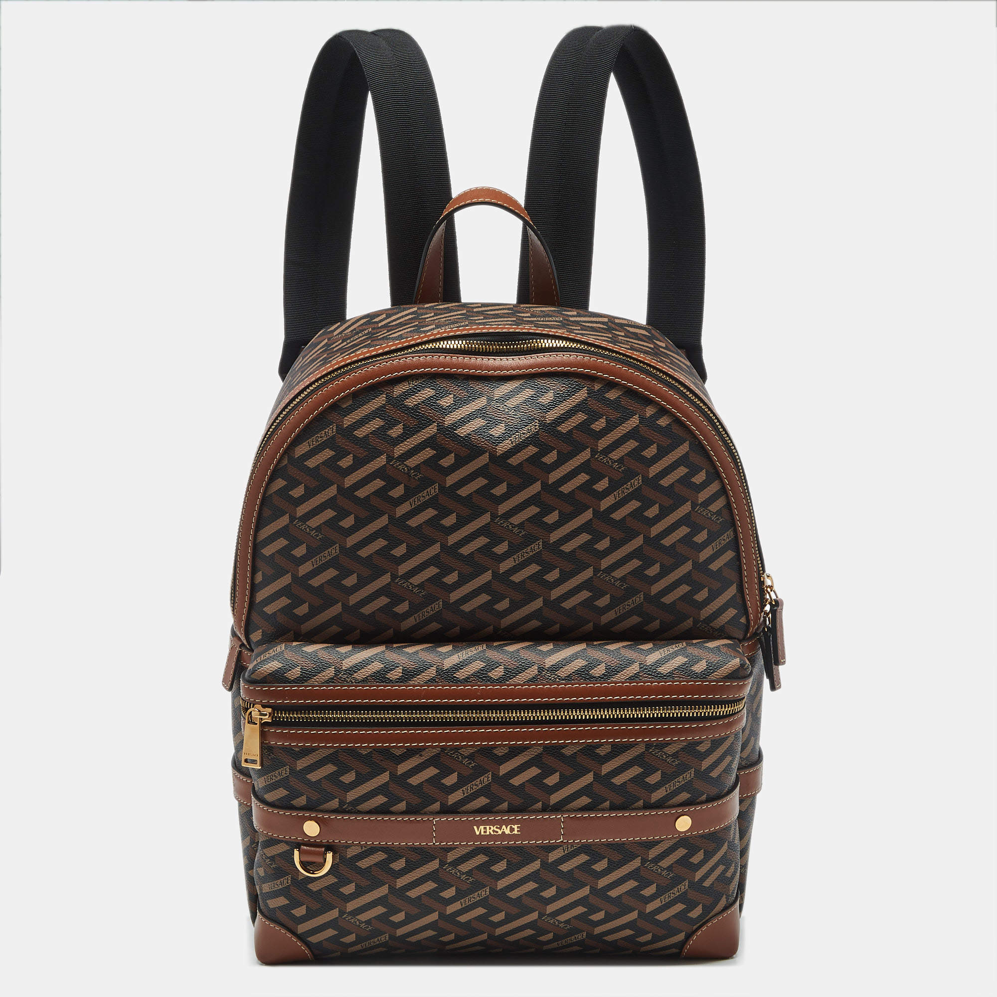 Pre Owned Versace Brown/Multicolor La Greca Signature Coated Canvas Backpack