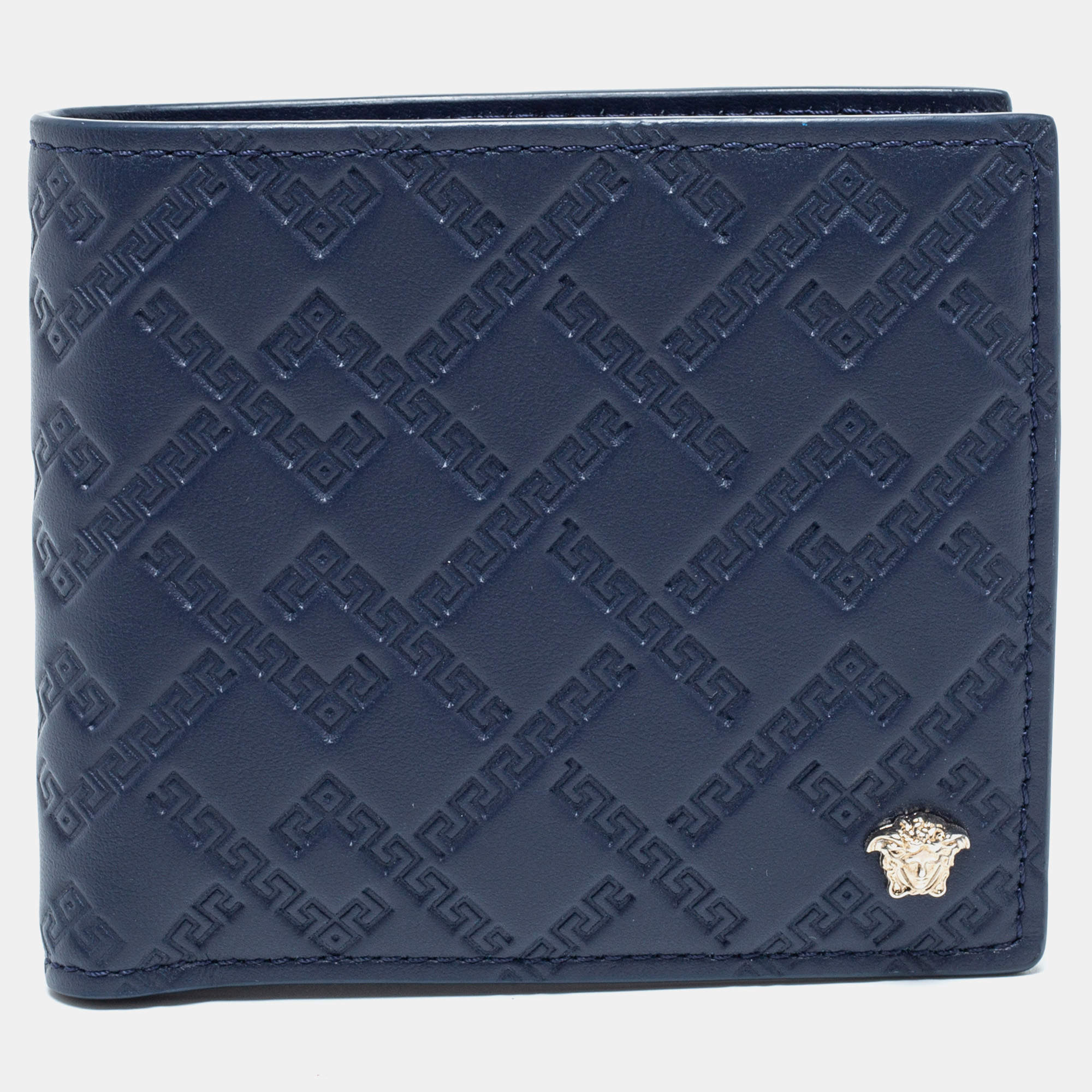Versace Blue Greca Embossed Leather Bifold Wallet
