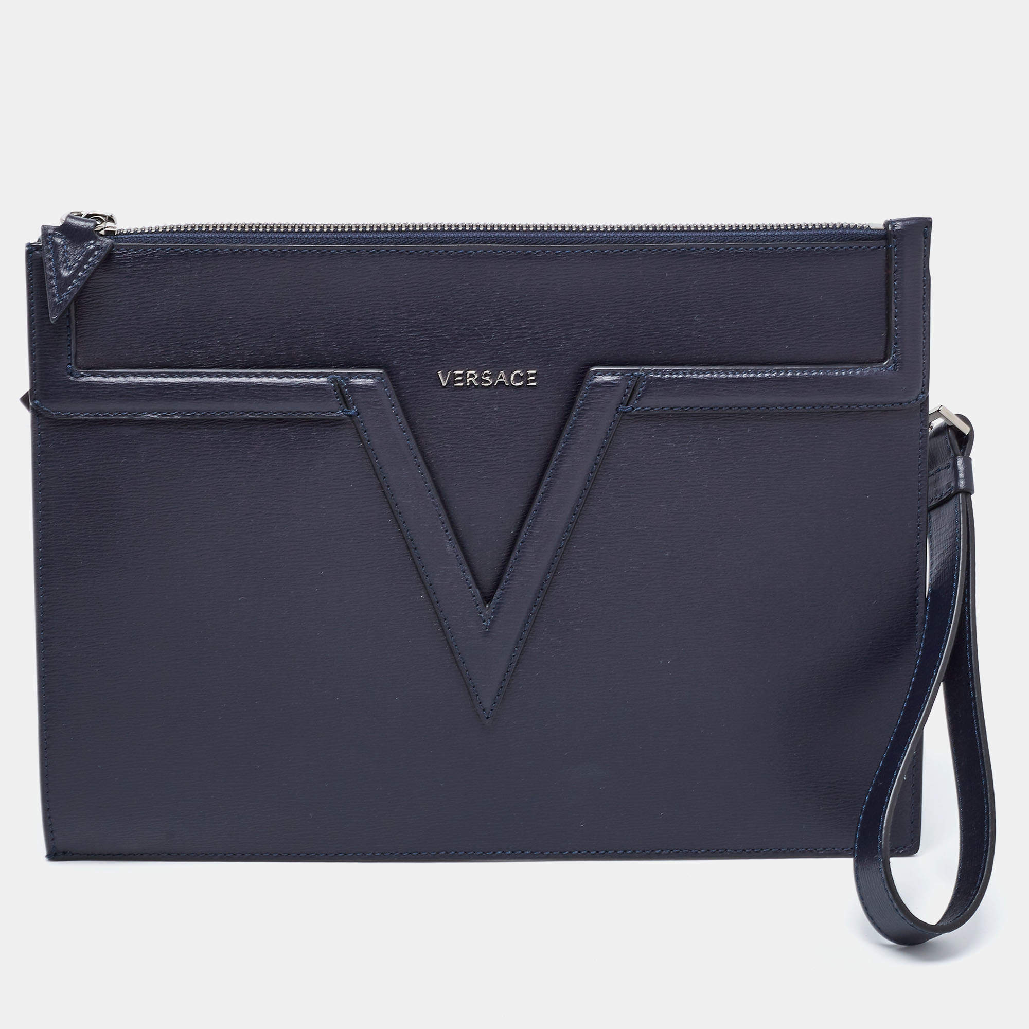 Versace Navy Blue Leather V Logo Wristlet Pouch