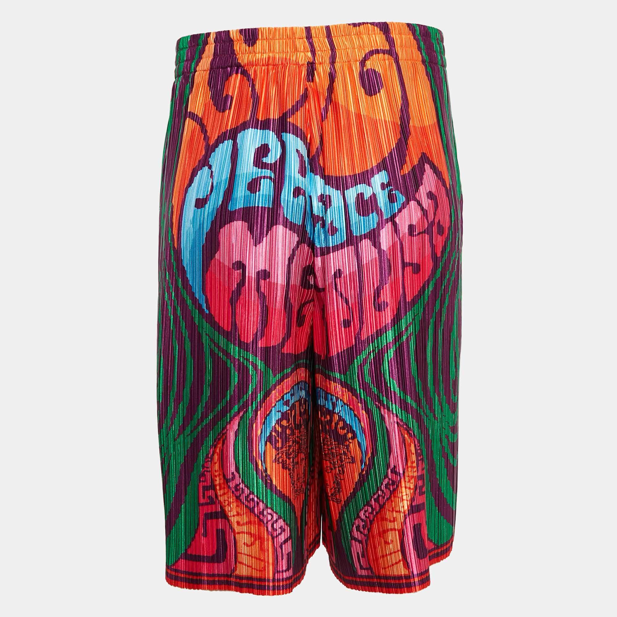 Versace Multicolor Medusa Print Satin Plisse College Fit Shorts M