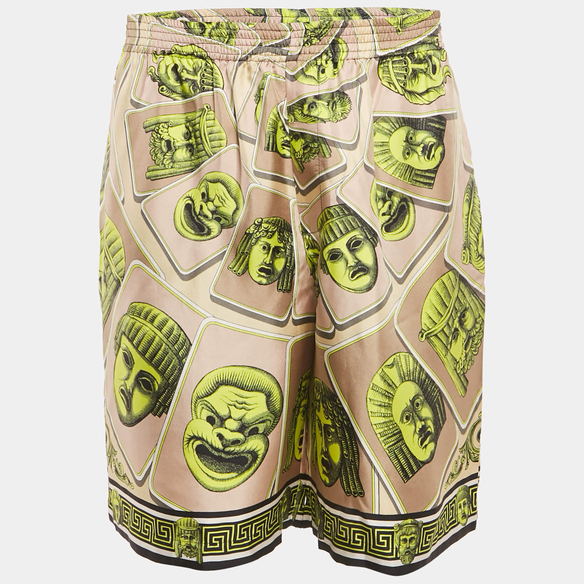 Pre Owned Versace Green Silk Le Maschere College Fit Shorts XL
