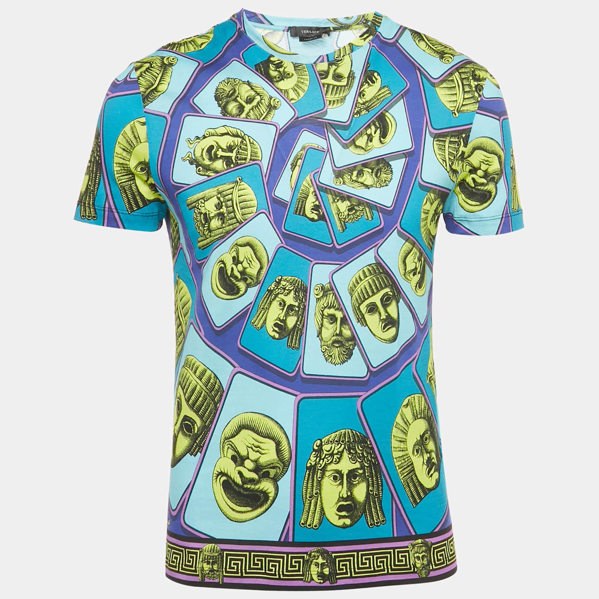 Pre Owned Versace Blue Le Maschere Print Jersey Taylor Fit T-Shirt S