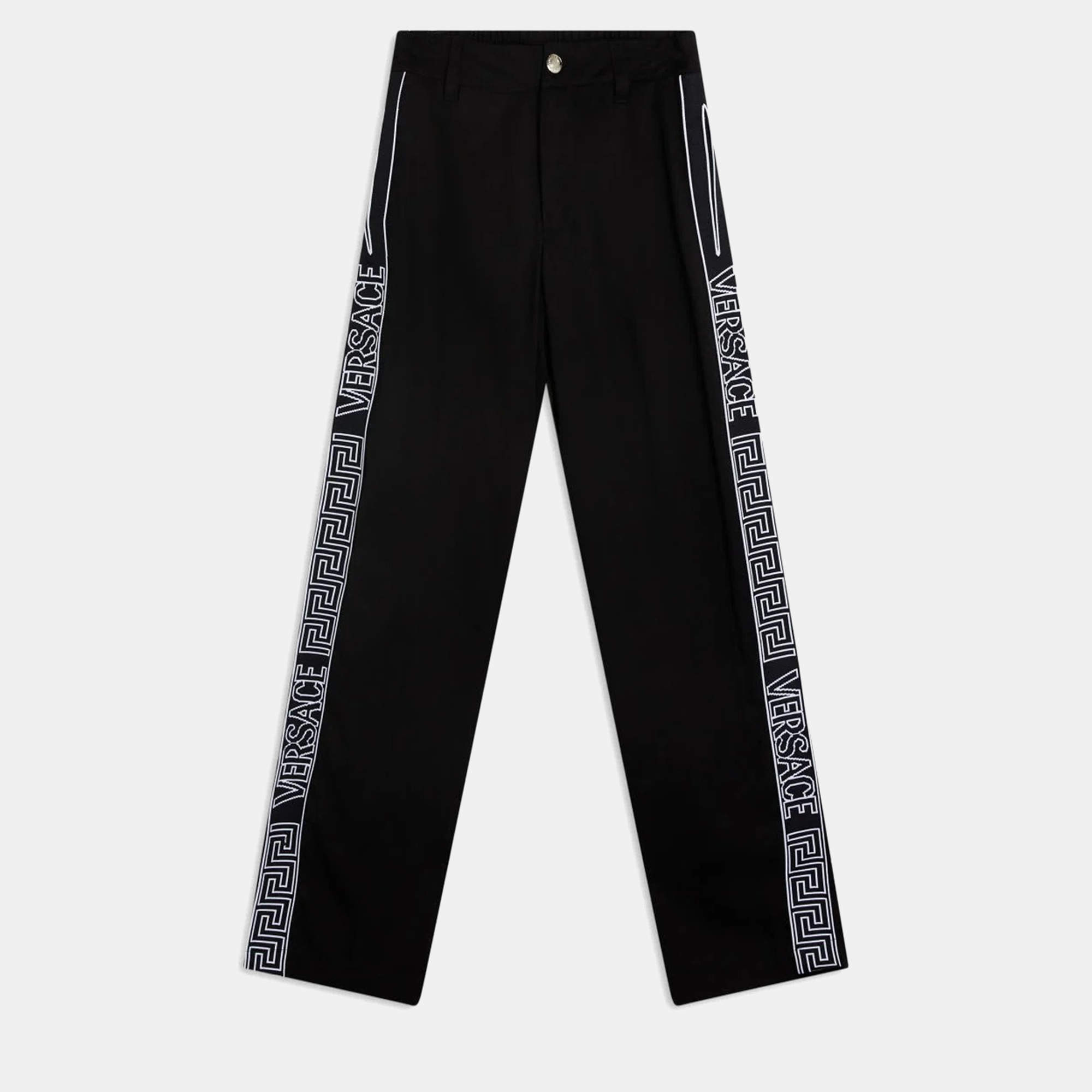 مملوكة مسبقًا Versace Logo Stripe Gabardine Black Cotton Trouser