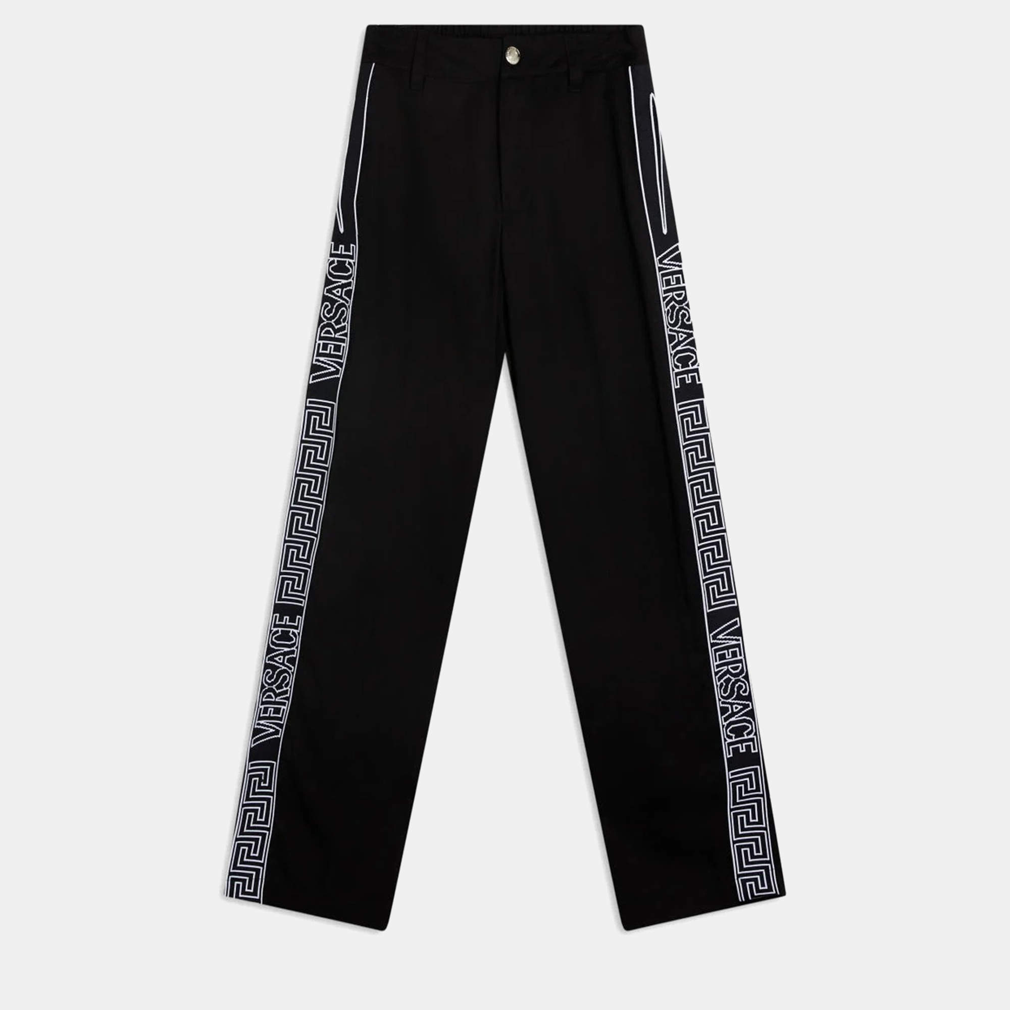 Pre Owned Versace Logo Stripe Gabardine Black Cotton Trouser