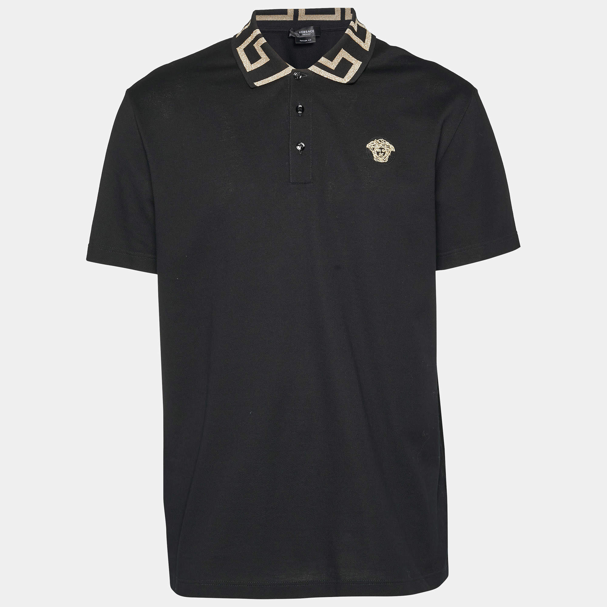 Pre Owned Versace Black Cotton Pique Greca Collar T-Shirt XXL