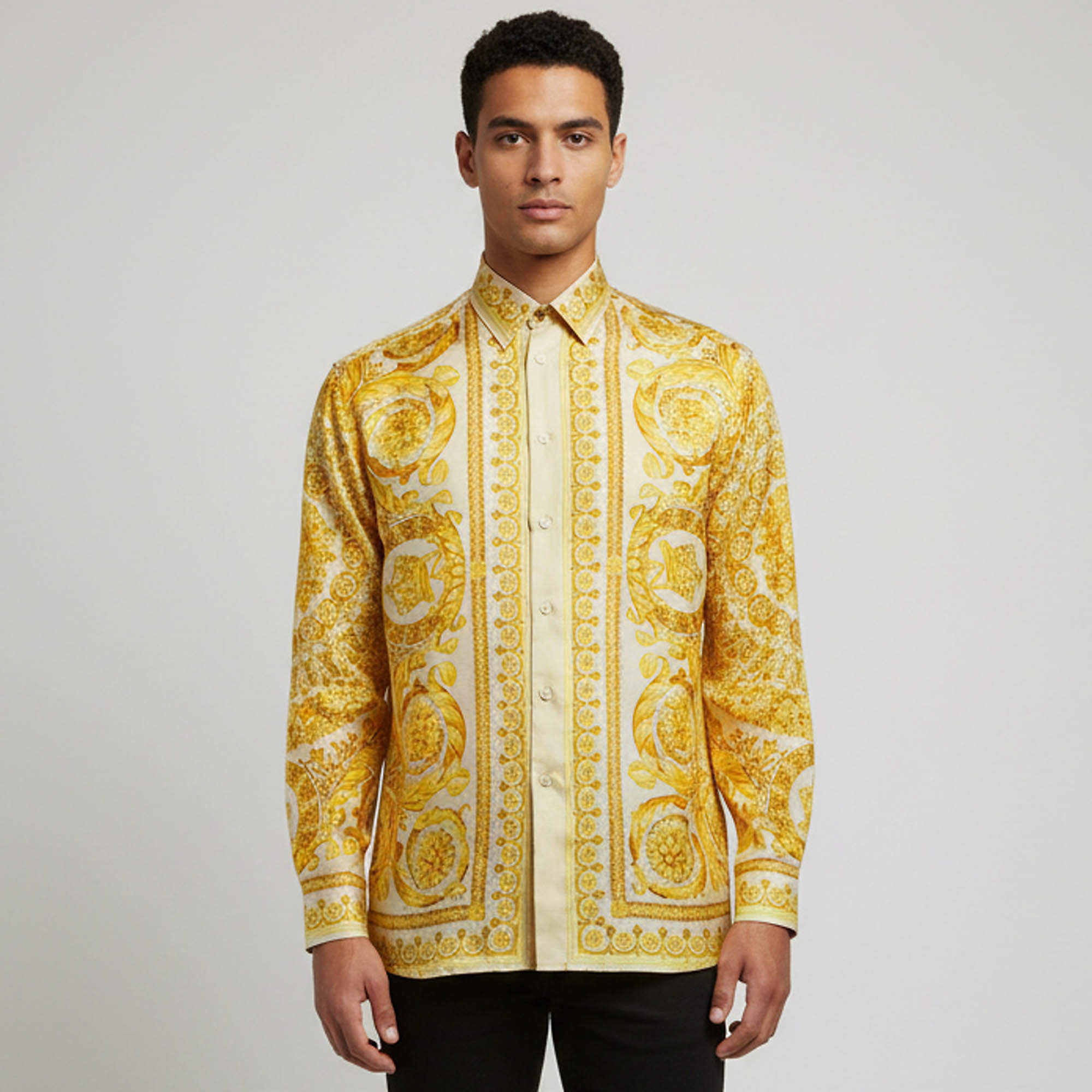 Pre Owned Versace Yellow Barocco Print Silk Button Up Shirt L