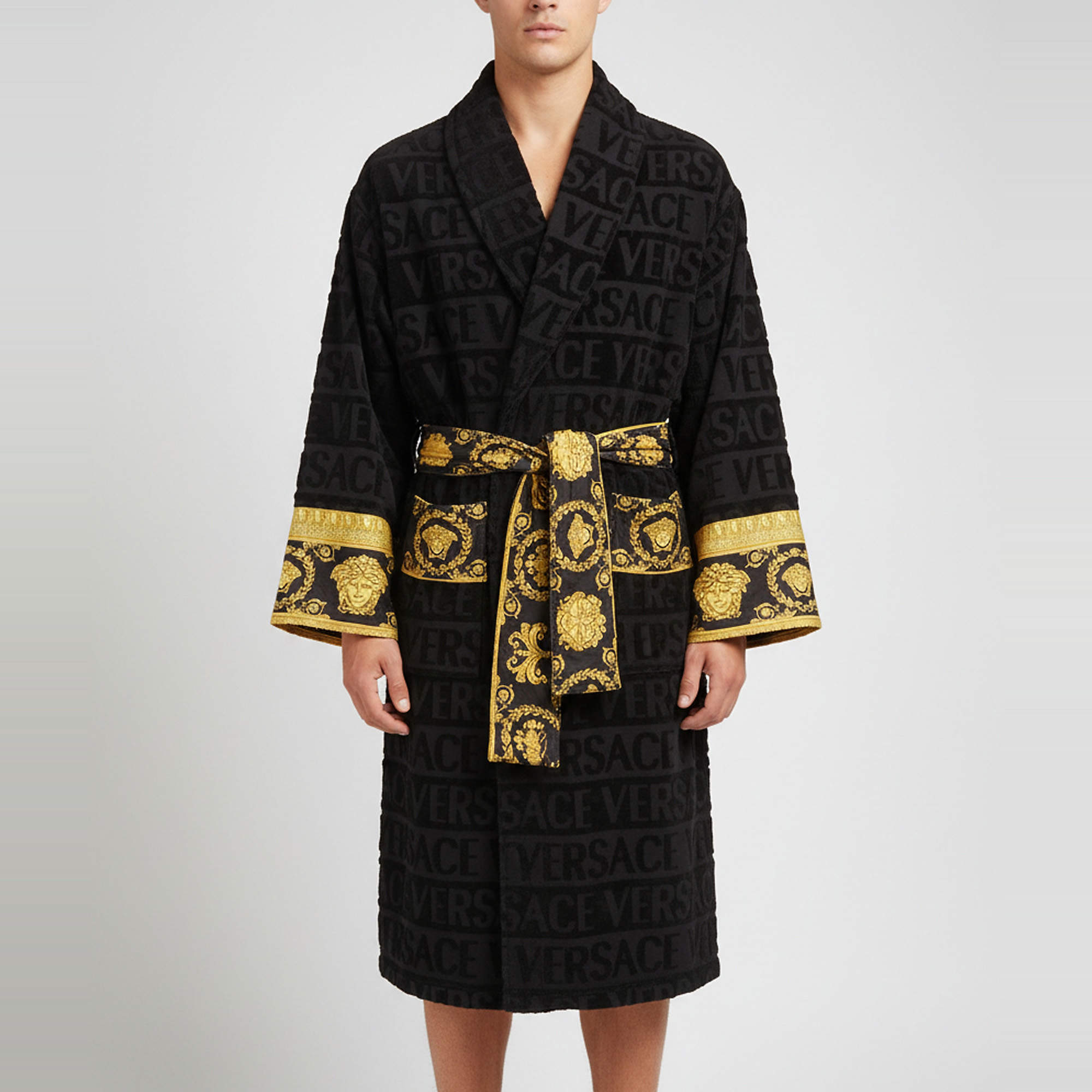 Pre Owned Versace Black Monogram Terry Cotton Belted Long Sleeve Bathrobe XXL 