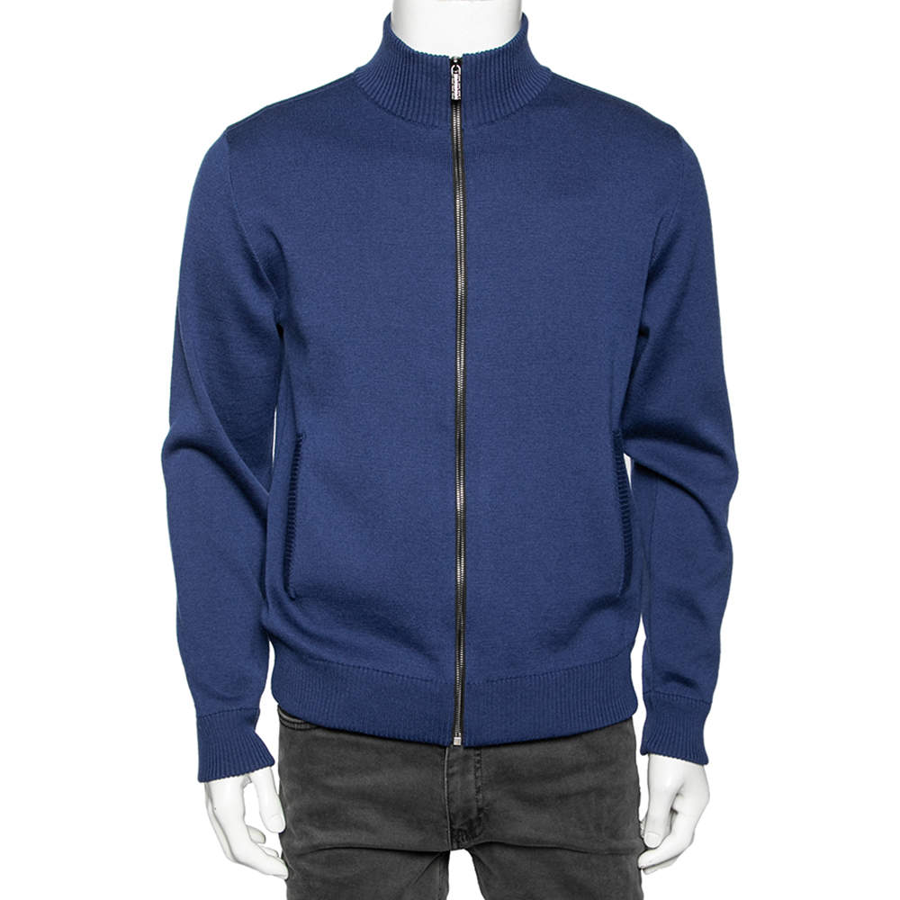 Versace Blue Wool & Leather Medusa Appliqued Zip Front Jacket S 