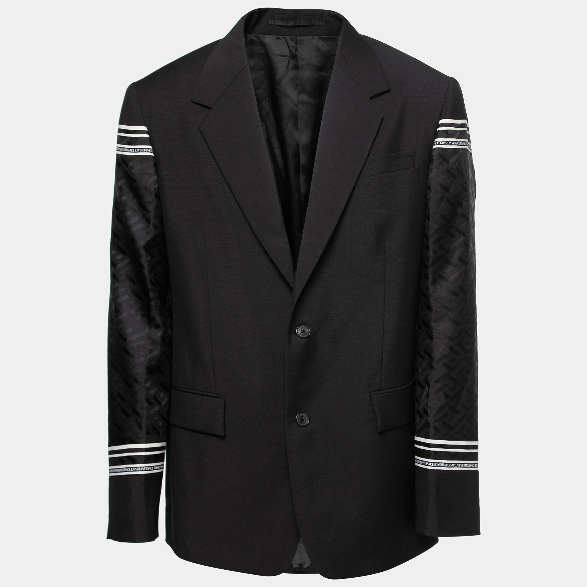 Versace Black Wool Greca Sleeves Single-Breasted Blazer L