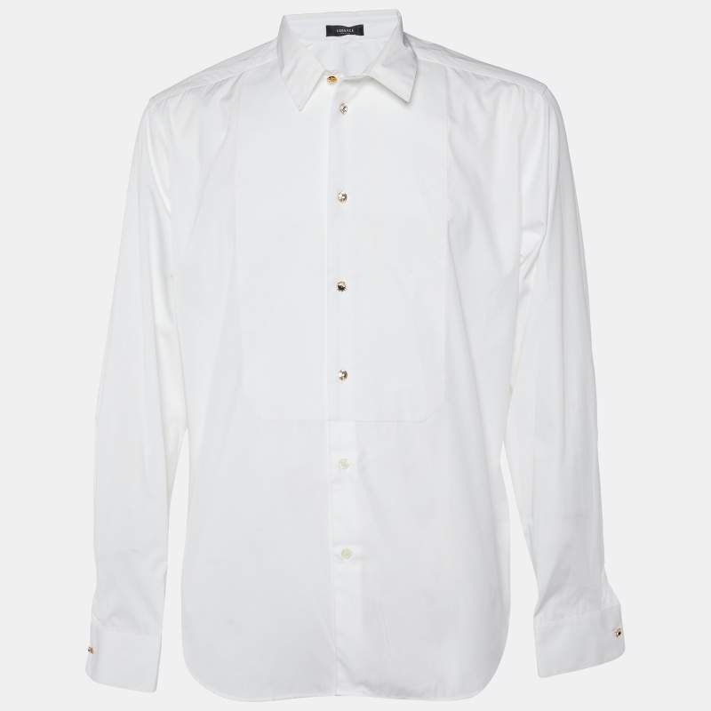 Pre Owned Versace White Cotton Crystal Button Detail Tailored Shirt XL