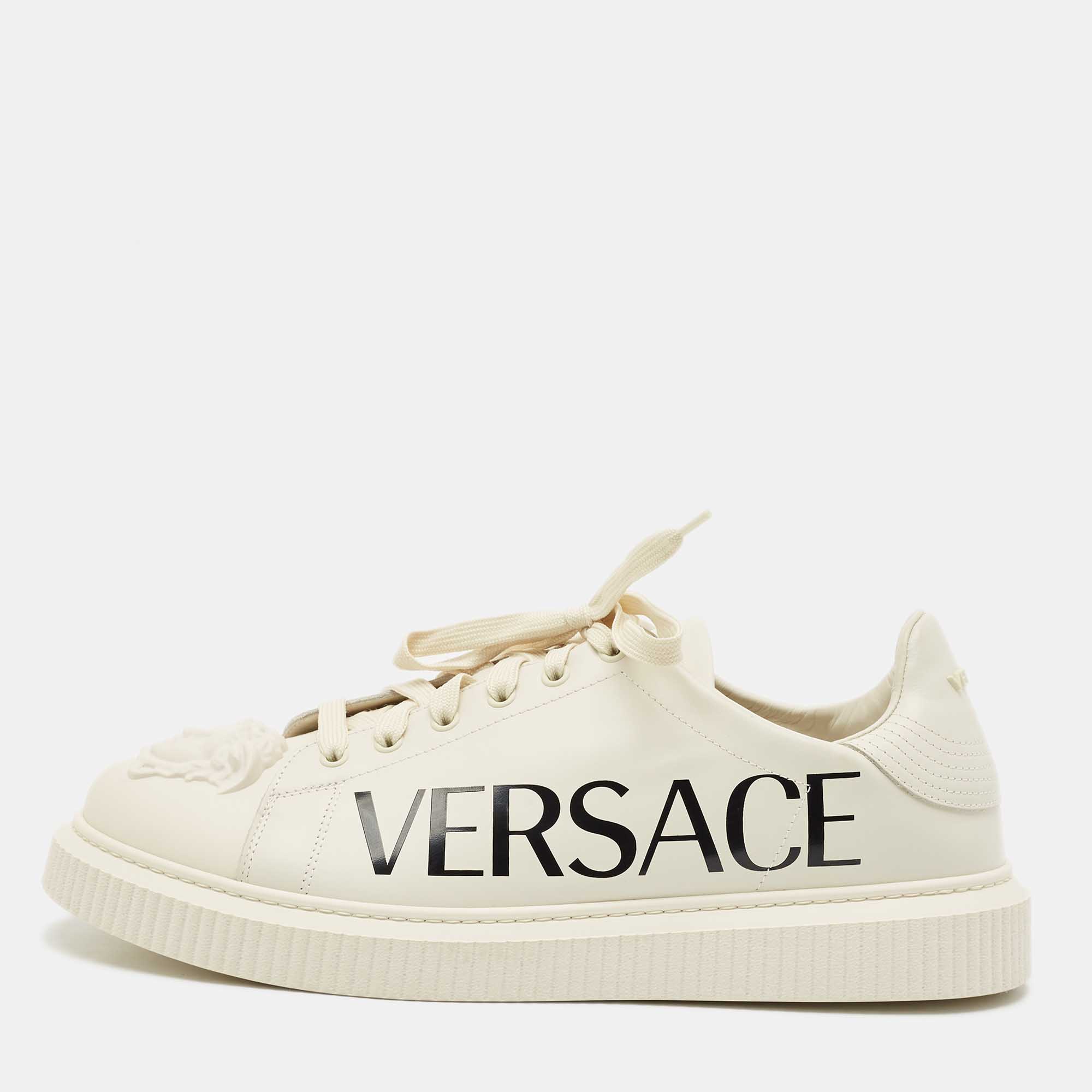 Versace Cream Leather Medusa Logo Low Top Sneakers Size 45