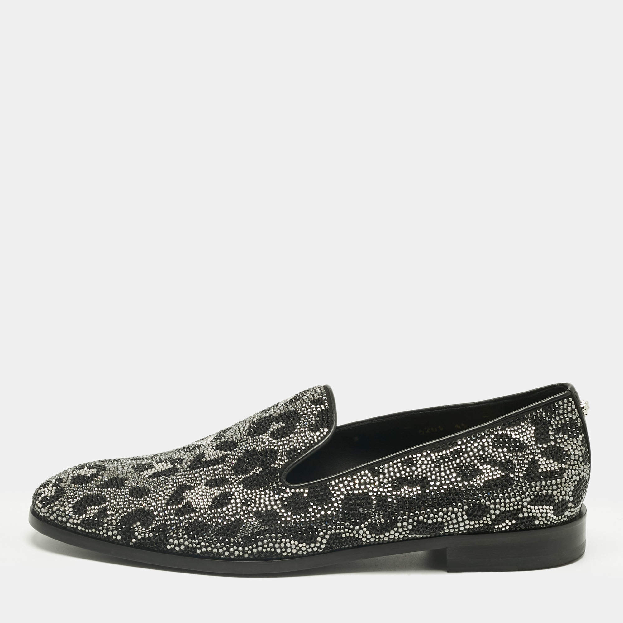 Pre Owned Versace Black/Silver Leather Crystal Embellished Slip On Loafers Size 45