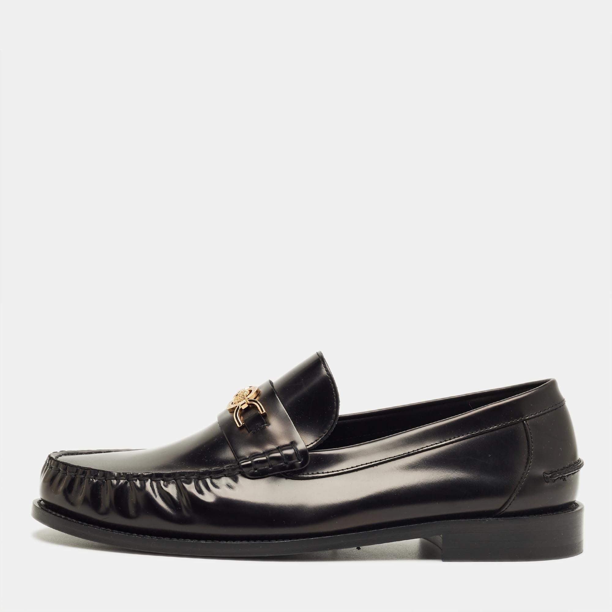 Pre Owned Versace Black Leather Medusa Loafers Size 47