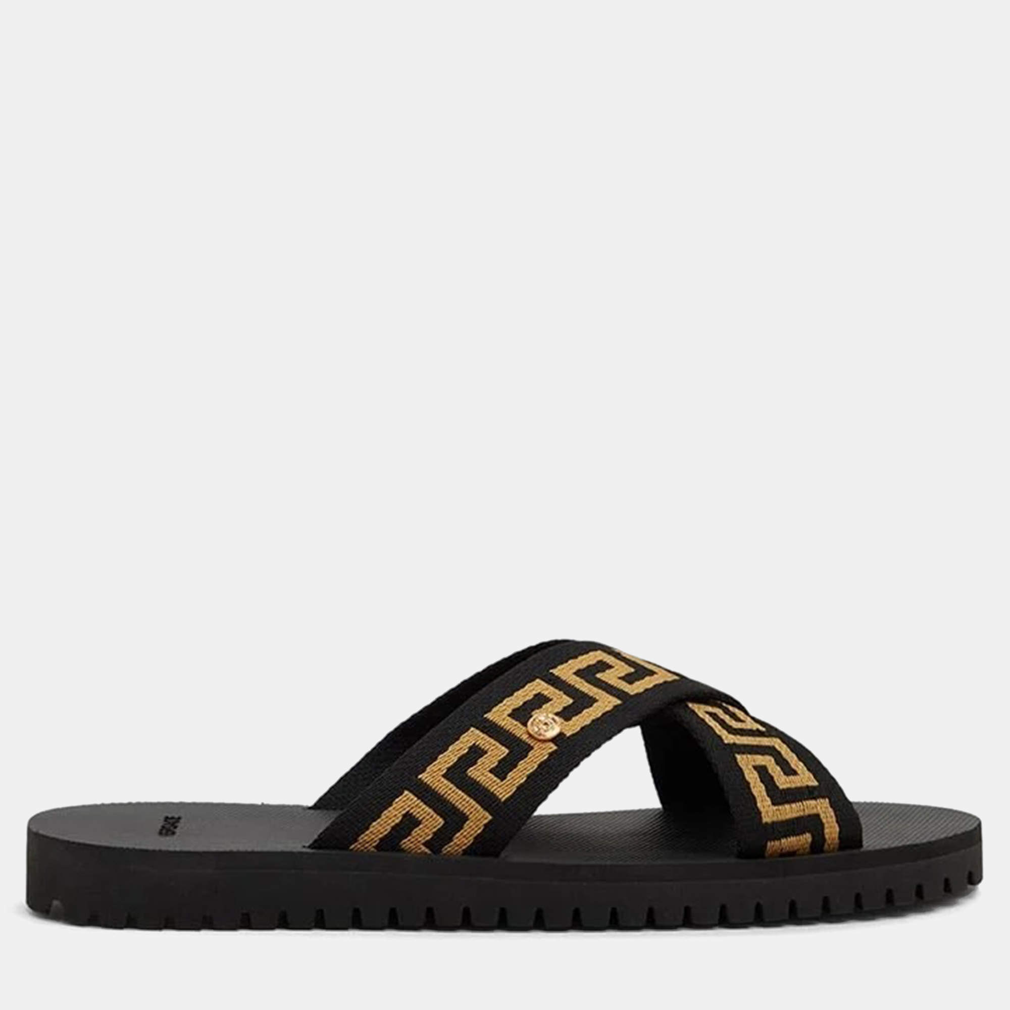 مملوكة مسبقًا Versace Nastro Greca Black Leather Sliders 39