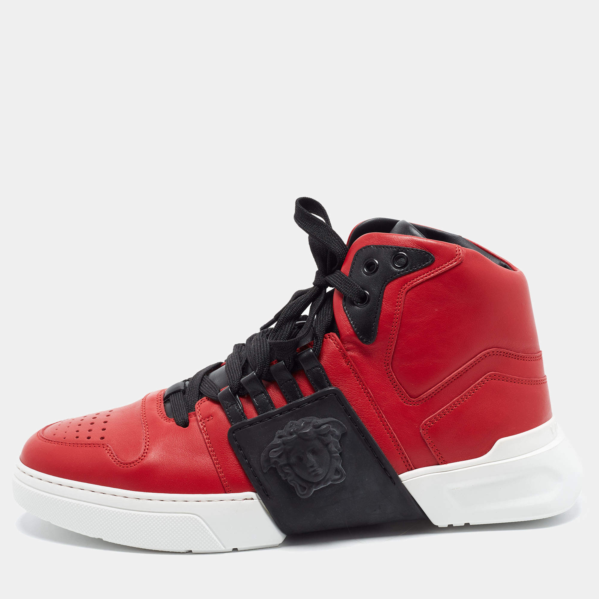 Pre Owned Versace Medusa Size 43 Red/Black Leather High Top Sneakers