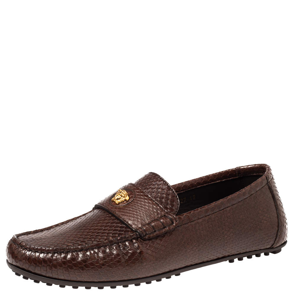 Versace Brown Snakeskin Leather Medusa Slip On Loafers Size 42