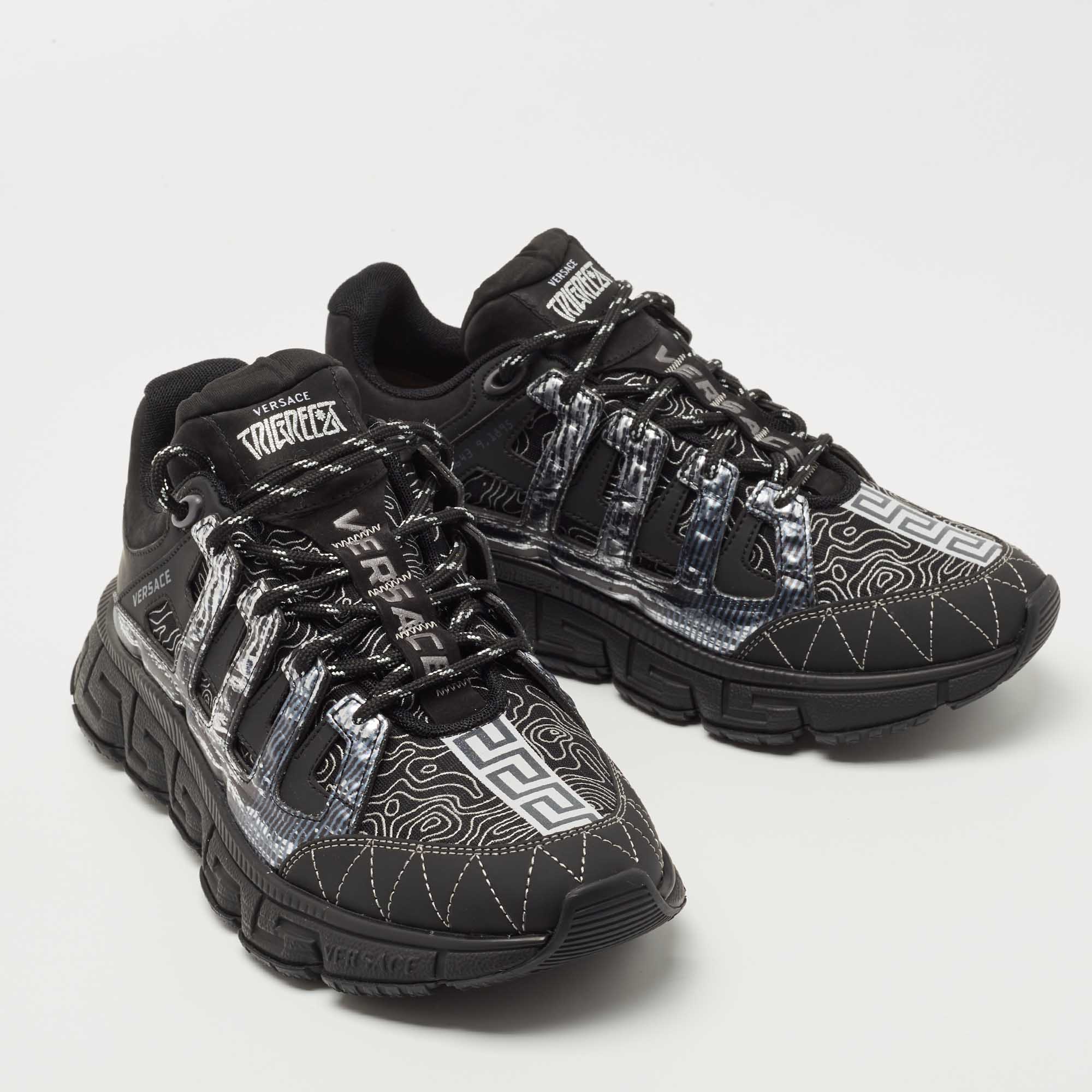 Versace Black Leather and Fabric Trigreca Low Top Sneakers Size 42