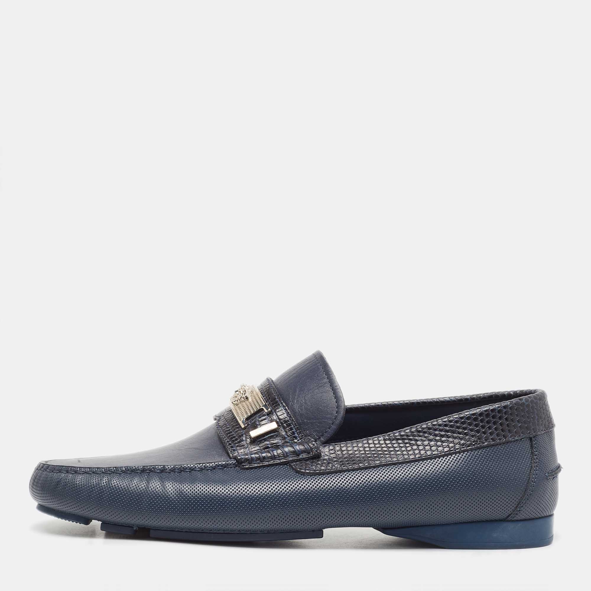Versace Navy Blue Lizard Embossed and Leather Medusa Logo Loafers Size 43