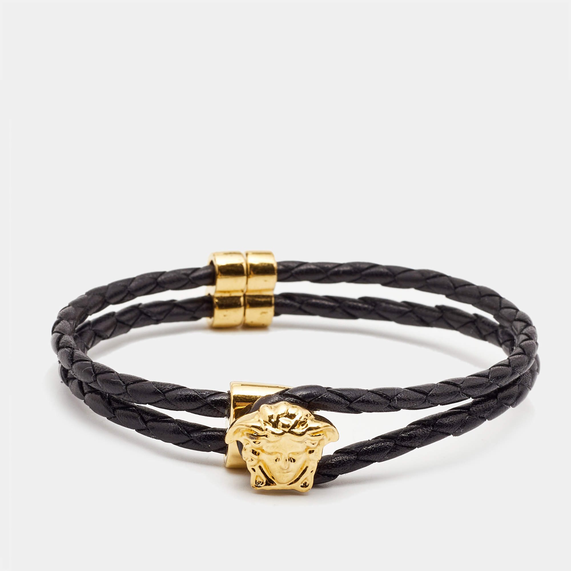 Pre Owned Versace Medusa Leather Gold Tone Bracelet
