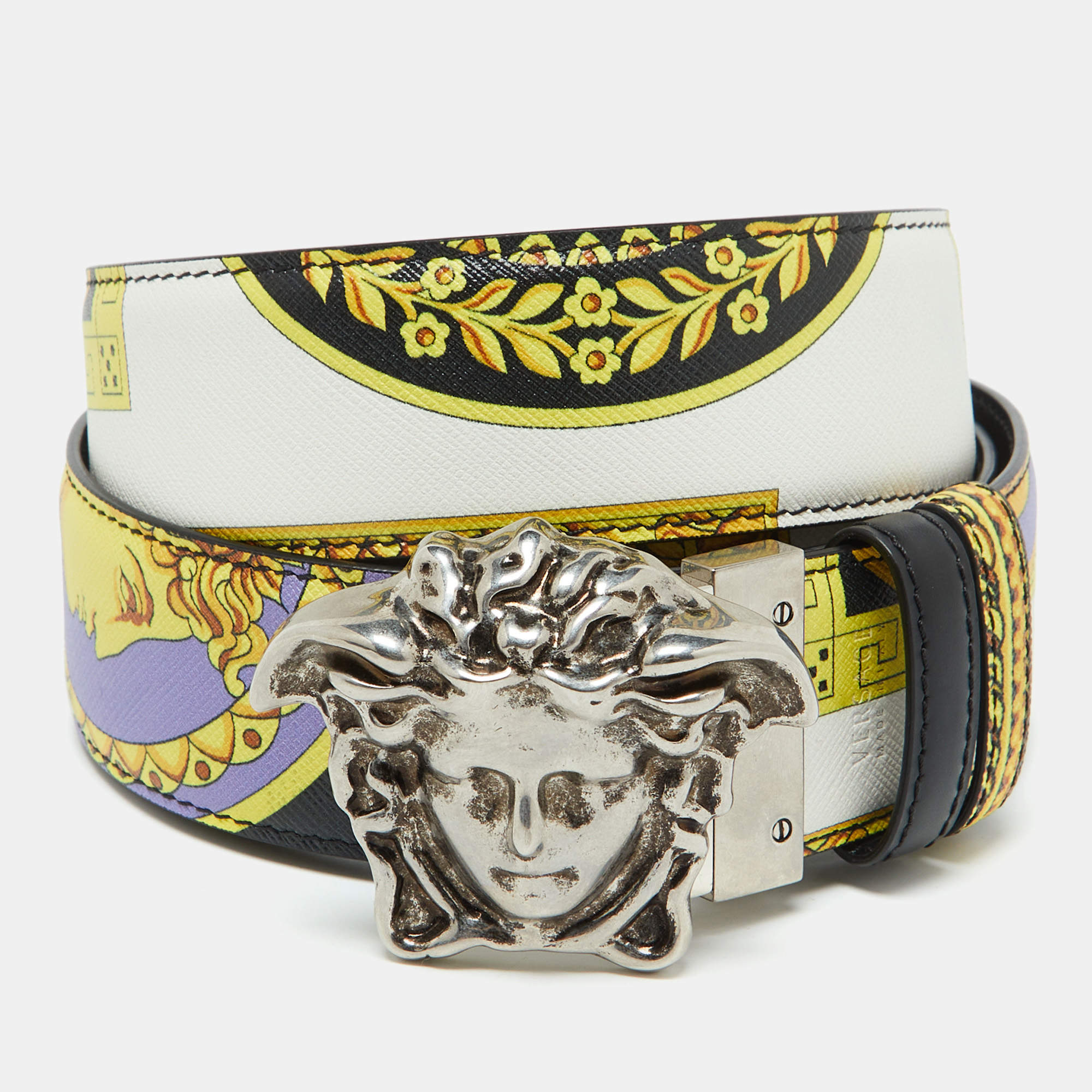Versace Multicolor Printed Leather Medusa Buckle Belt 105CM