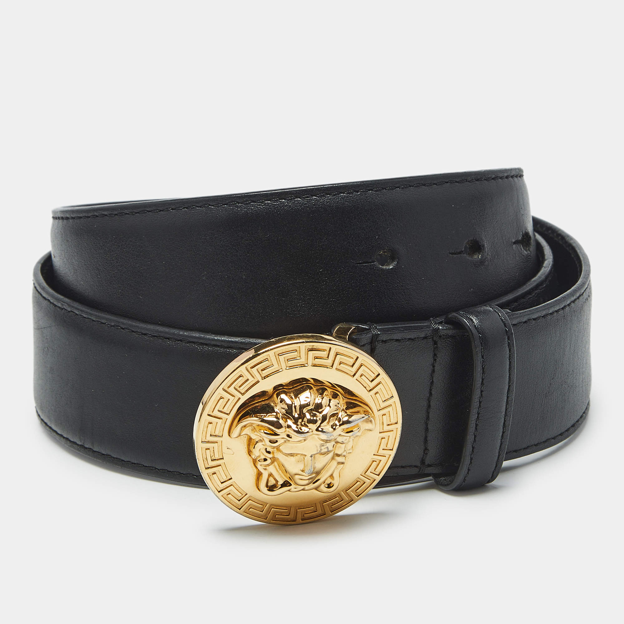 Pre Owned Versace Black Leather Medussa Head Buckle Belt 95 CM