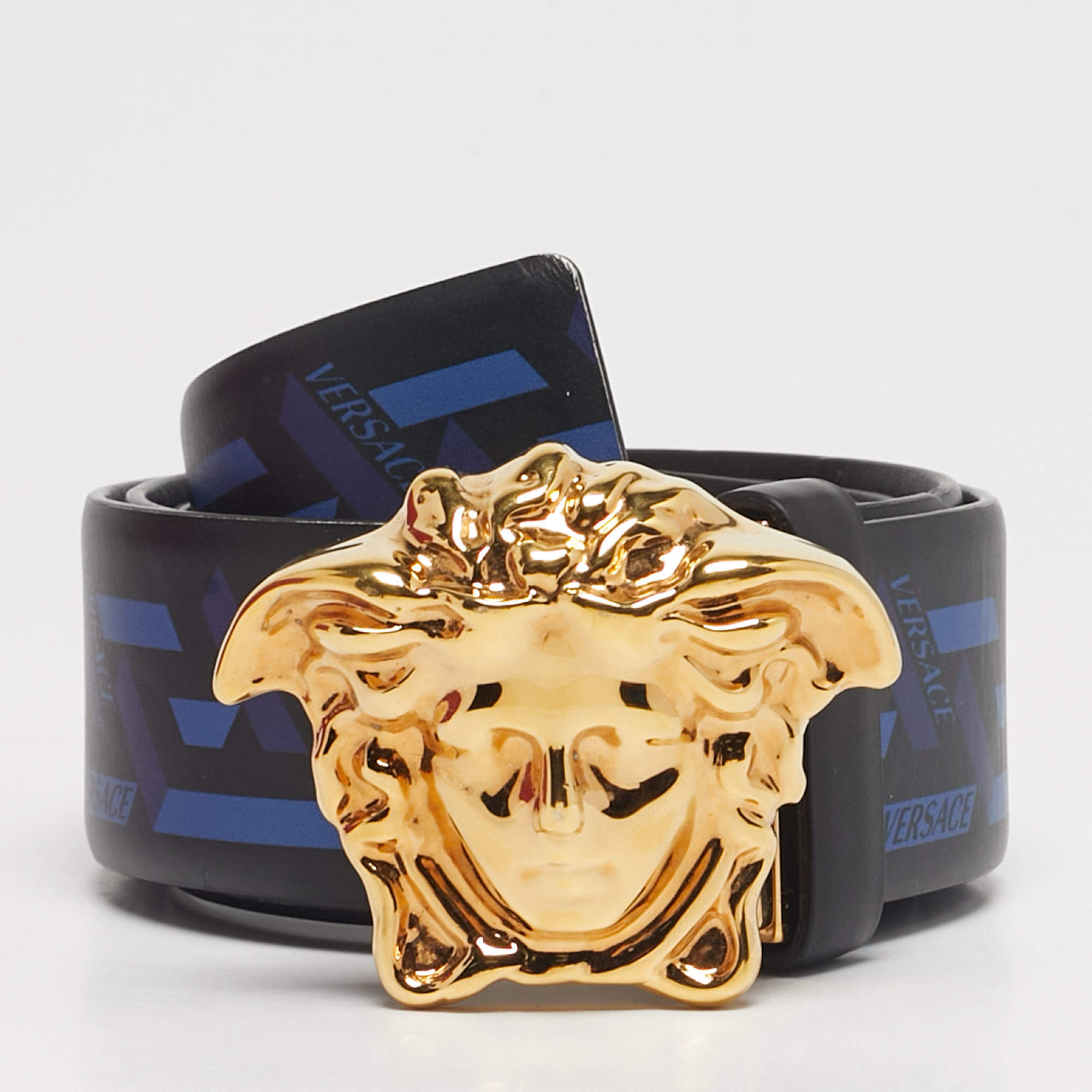 مملوكة مسبقًا Versace Black/Blue La Greca Print Leather Medusa Head Belt 95CM