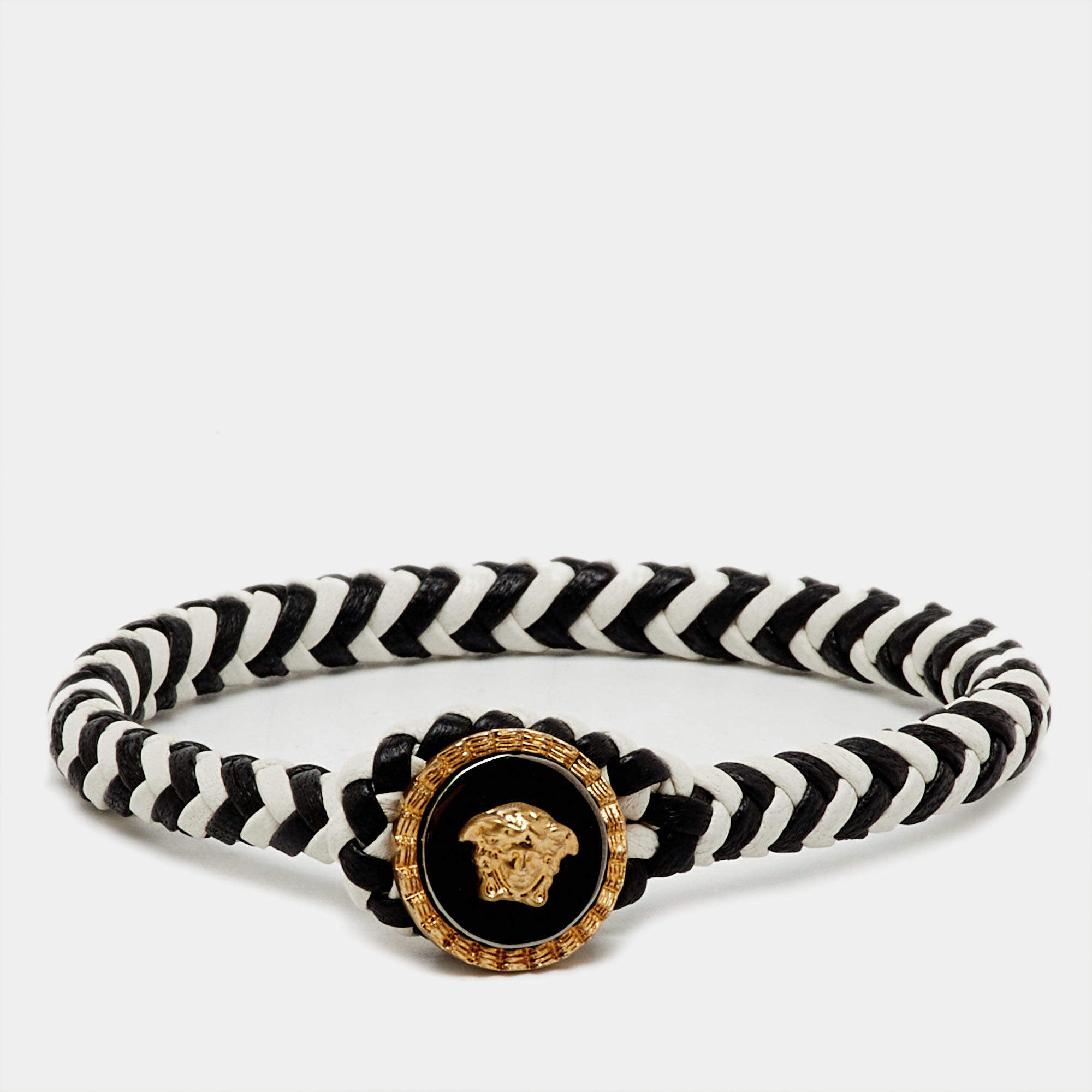 Pre Owned Versace Medusa Head Braided Bi-color Leather Toggle Bracelet