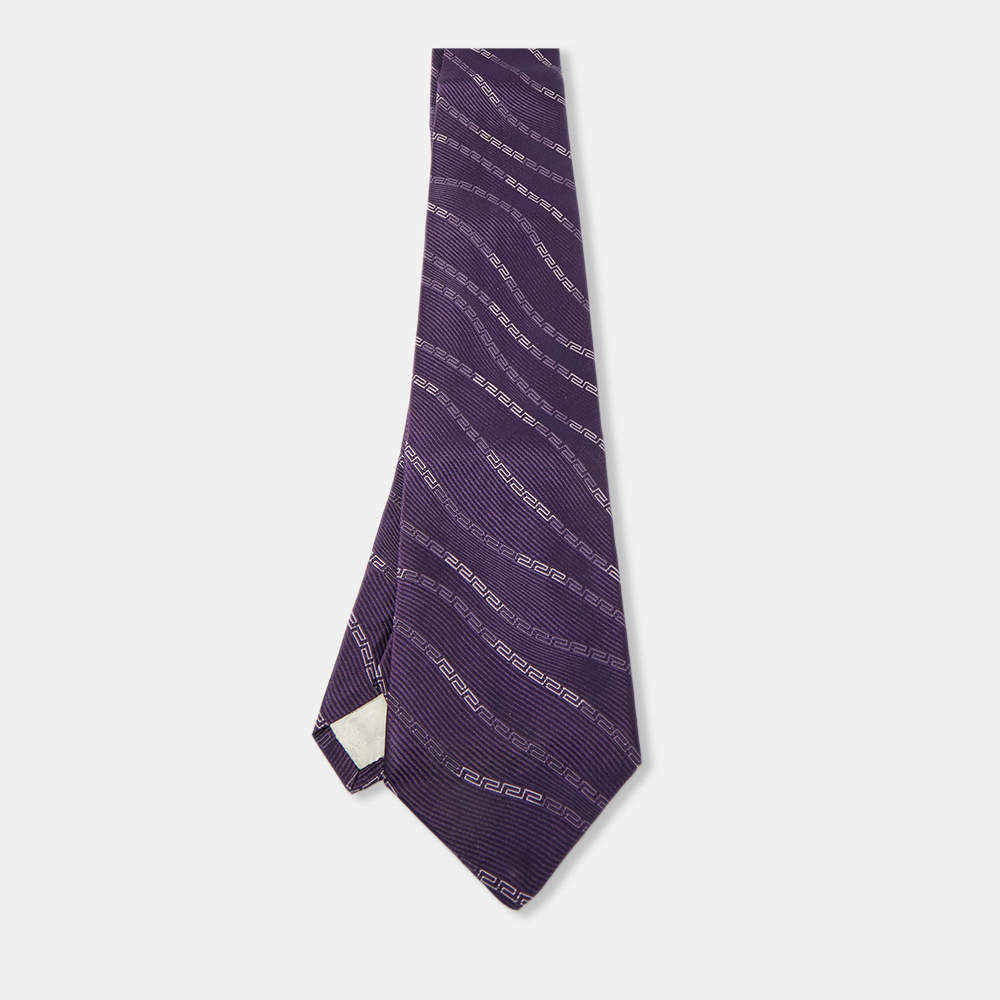 مملوكة مسبقًا Versace Purple Greca Pattern Silk Traditional Tie