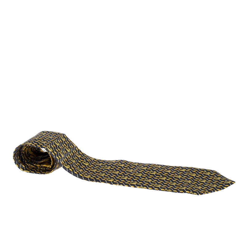 Pre Owned Versace Vintage Grey and Yellow Printed Silk Traditional Tie