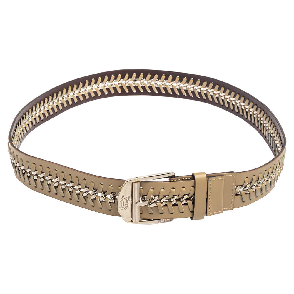 Pre Owned Versace Beige Leather Metal Braided Buckle Belt 110CM