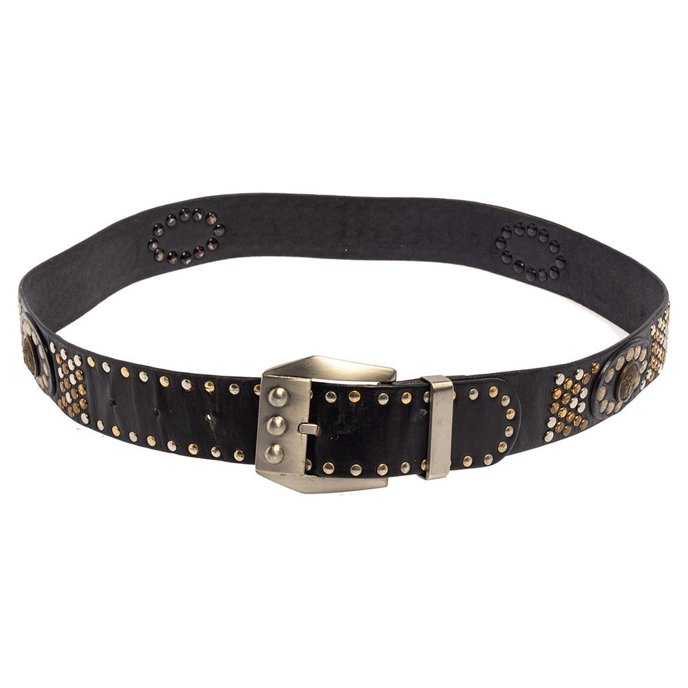 Pre Owned Versace Black Medusa Studded Buckle Belt 90CM