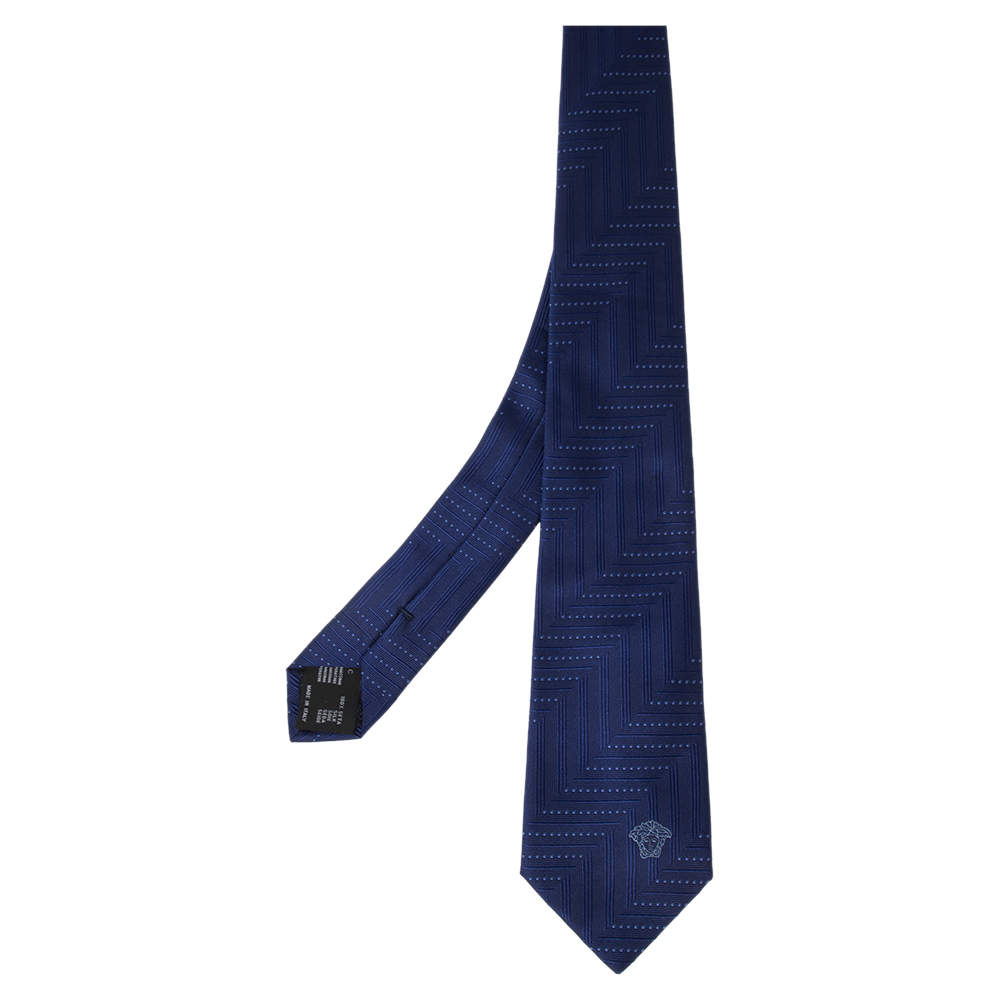 Versace Blue Striped Medusa Detail Silk Tie